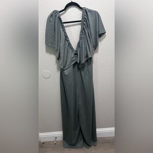 Grey Ruffled V-Neck Jumpsuit